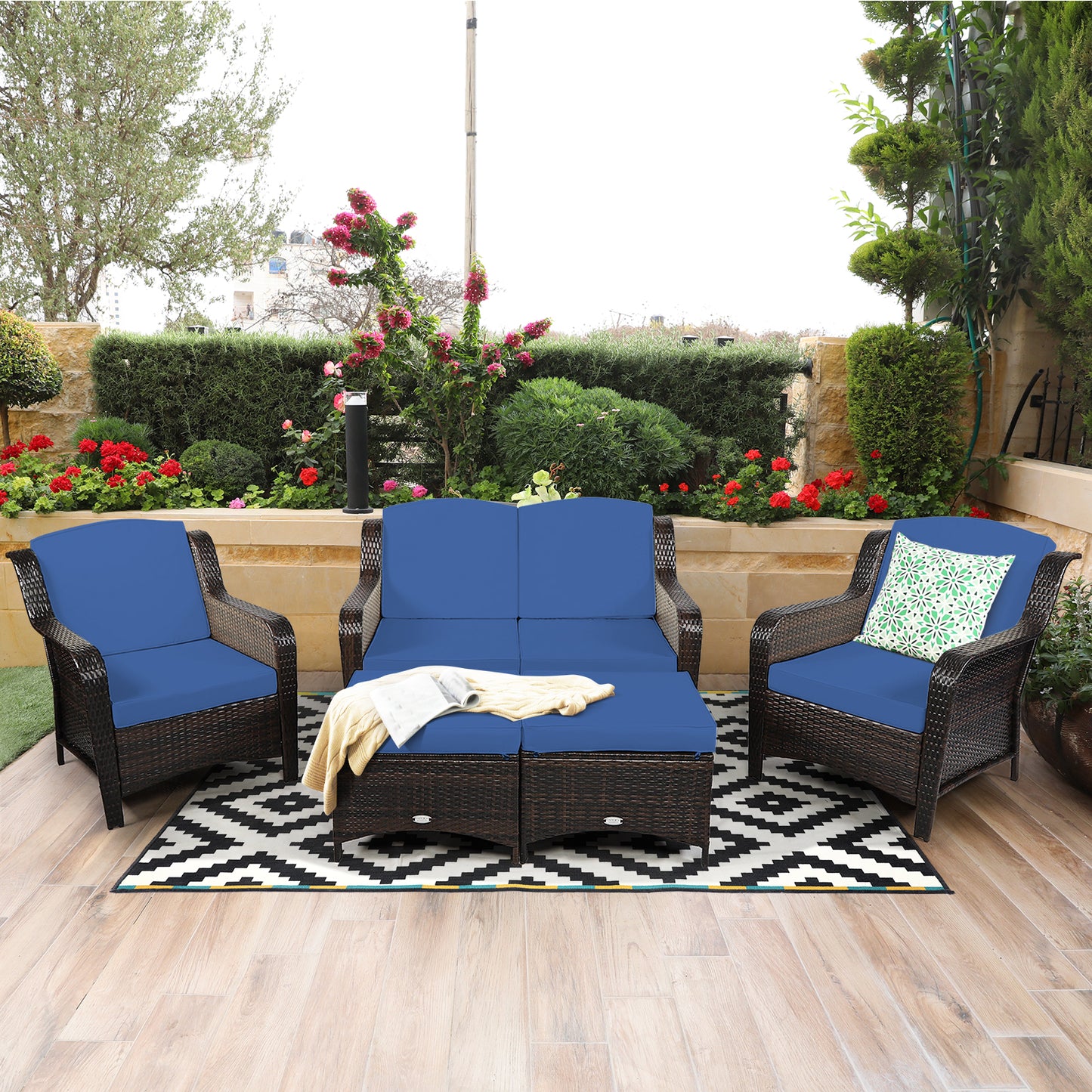 5 Pieces Patio Furniture Set with Removable Cushions and Loveseat-Navy