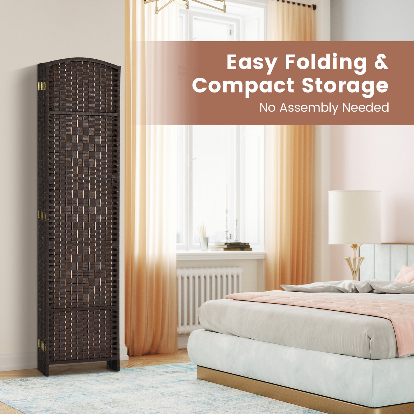6 Panel Folding Room Divider with Hand-Woven Wicker for Home Office-Brown