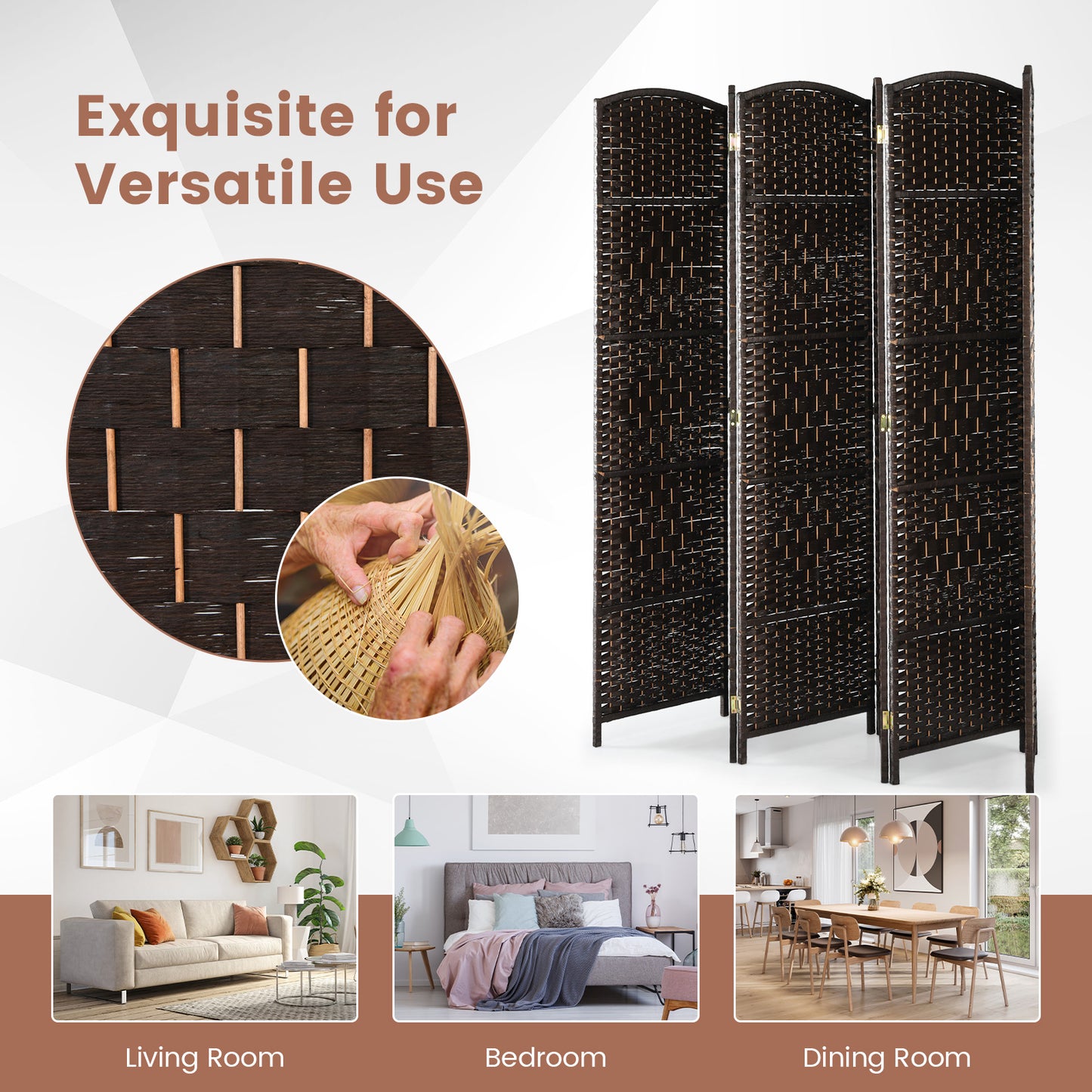 6 Panel Folding Room Divider with Hand-Woven Wicker for Home Office-Brown
