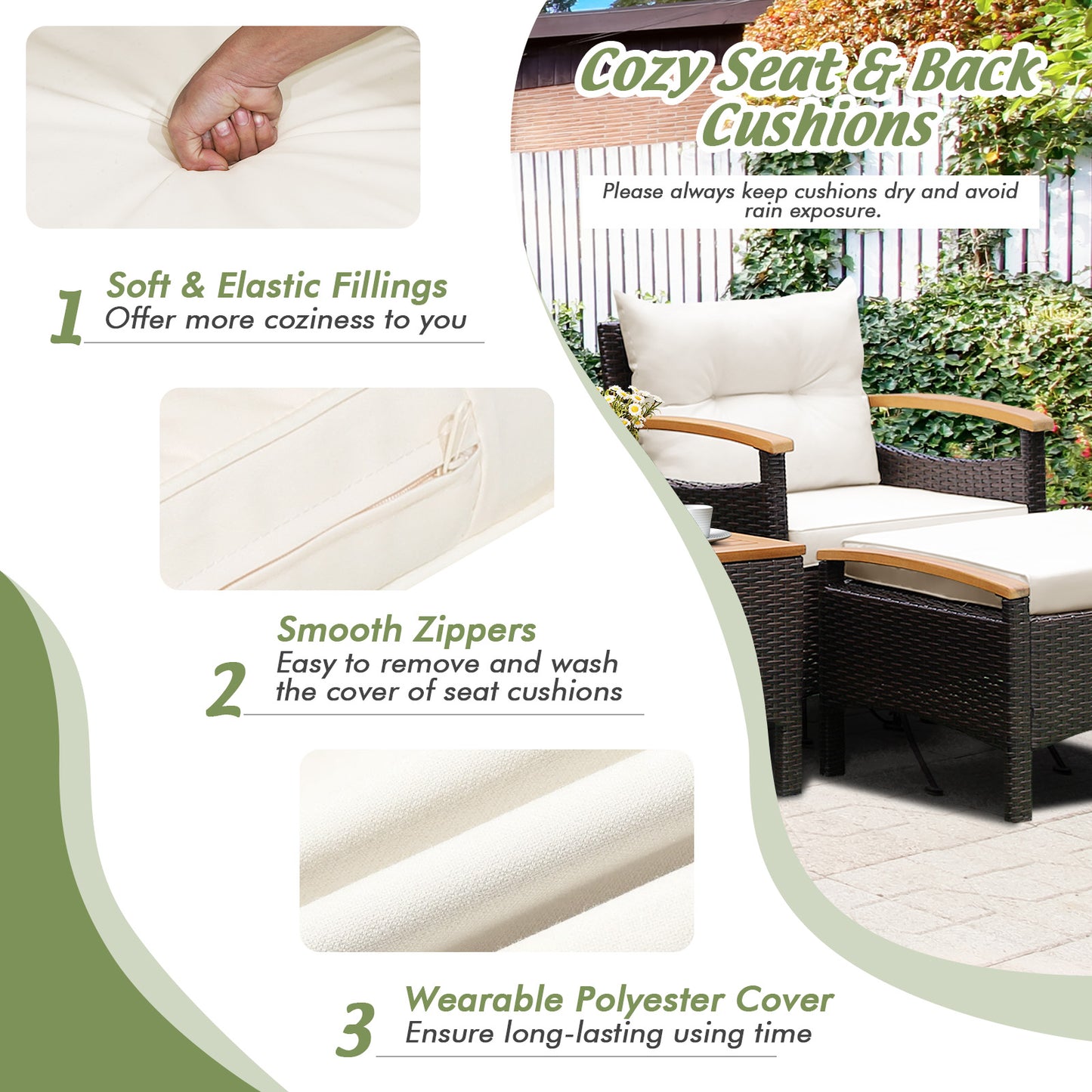 5 Pieces Patio Rattan Furniture Set with Cushions and Ottomans