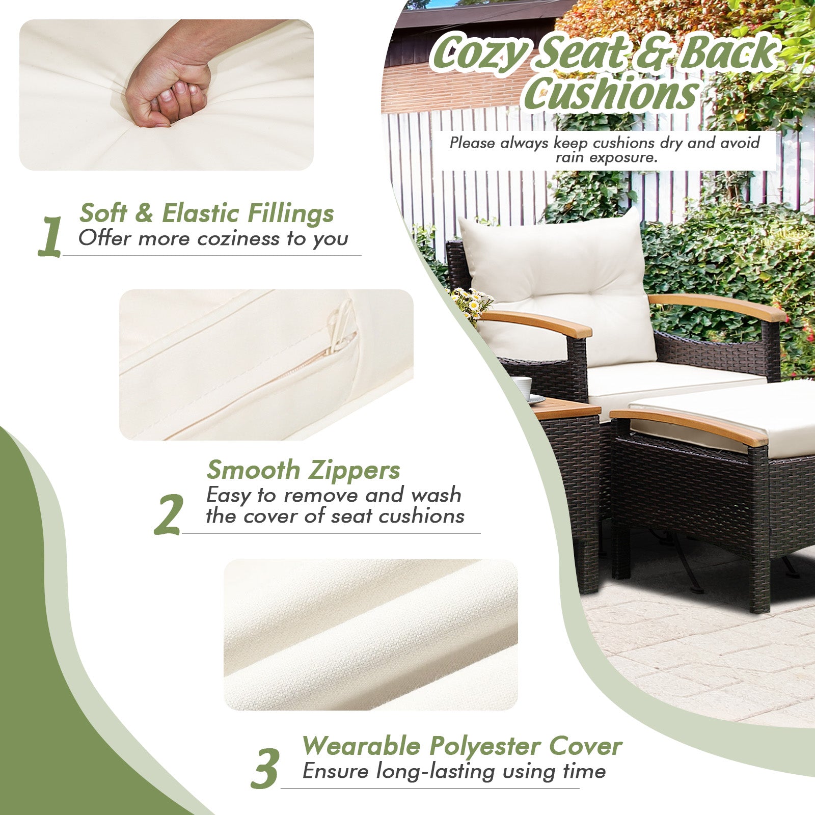 5 Pieces Patio Rattan Furniture Set with Cushions and Ottomans