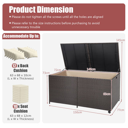 Rectangular PE Wicker Deck Box with Wheels and Zippered Liner for Outdoor-Brown