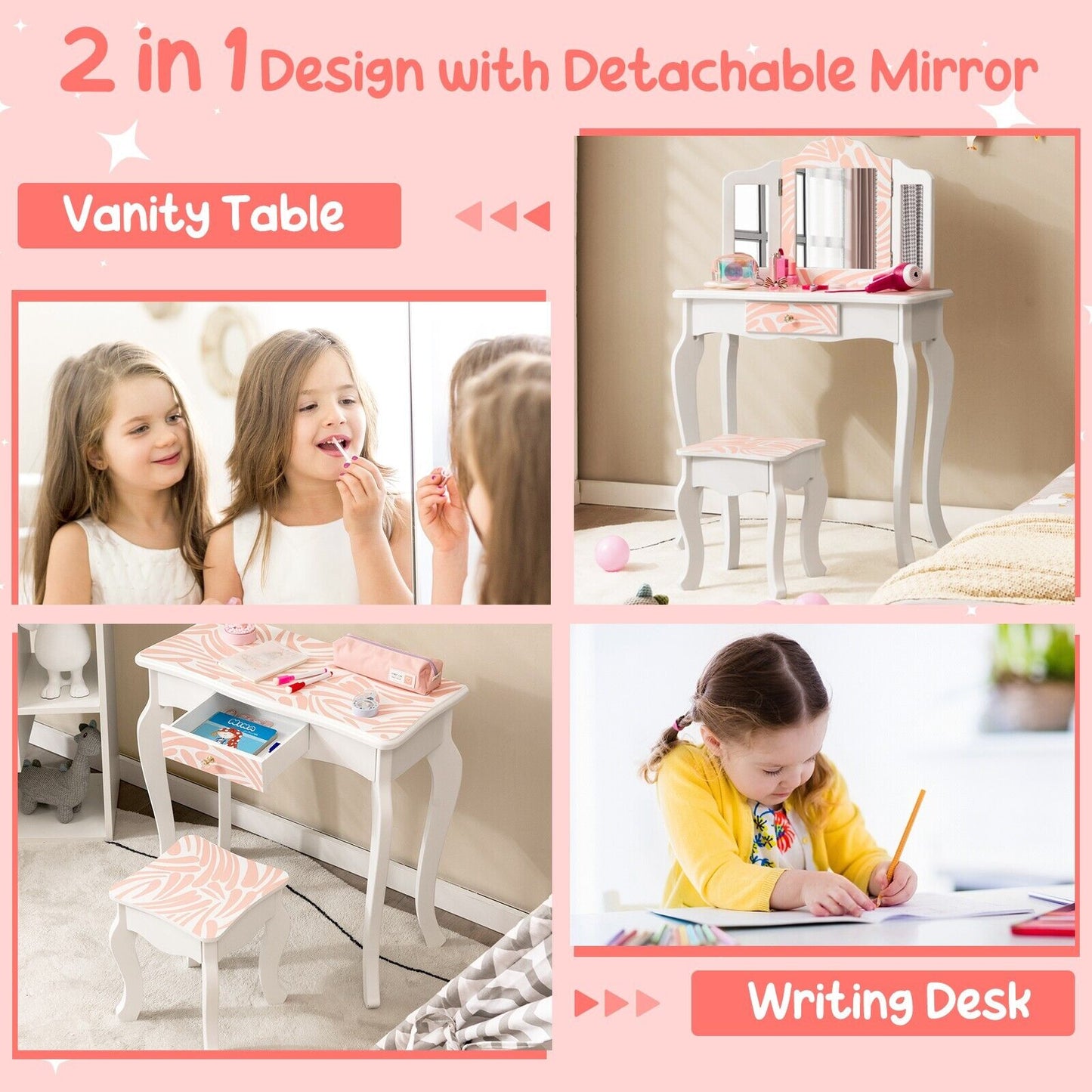 2 in 1 Kids Vanity Table and Stool Set for Girl Children-Pink Zebra-stripe Print