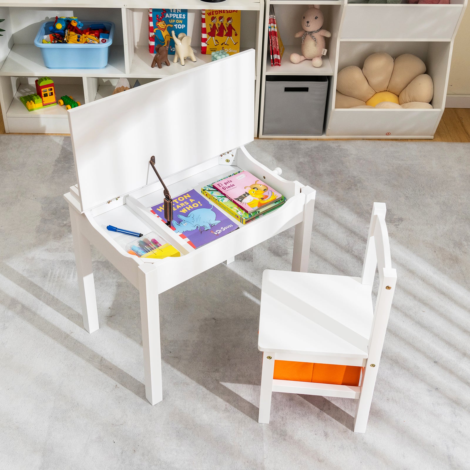 Kids Table and Chair Set with Hidden Space and Hook-White