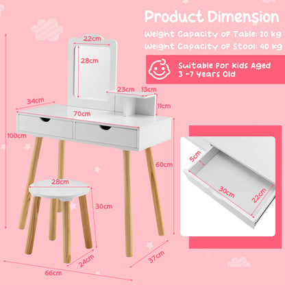 Kids Vanity Table and Stool Set with Square Mirror and Storage Shelf-White