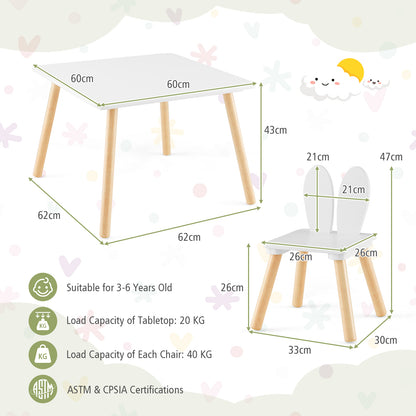 Kids Wooden Table and Rabbit Chairs Set with Space-Saving Structure-White