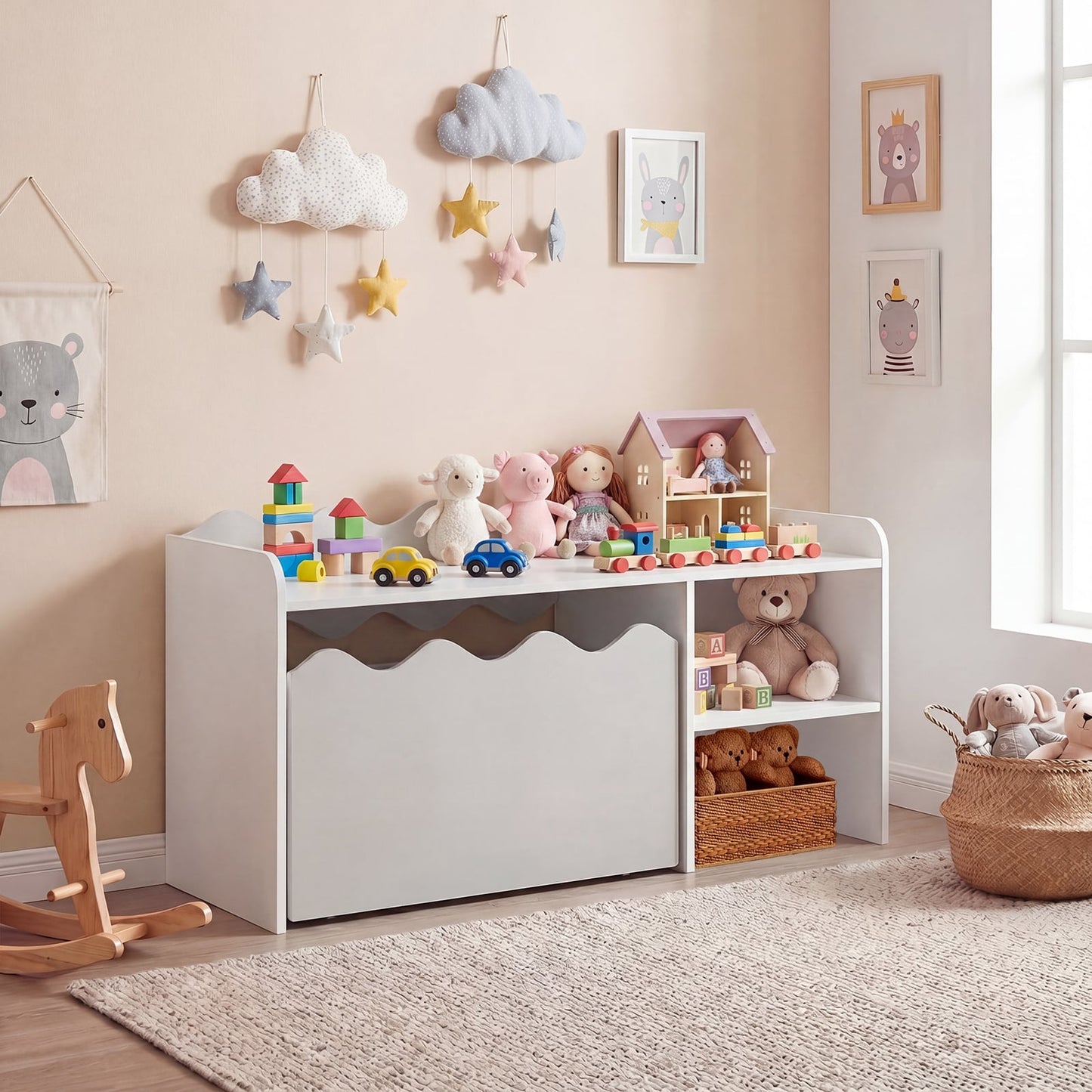 Scalloped Kids Bookshelf with Movable Drawer and Anti-Toppling Kit for Playroom-Grey