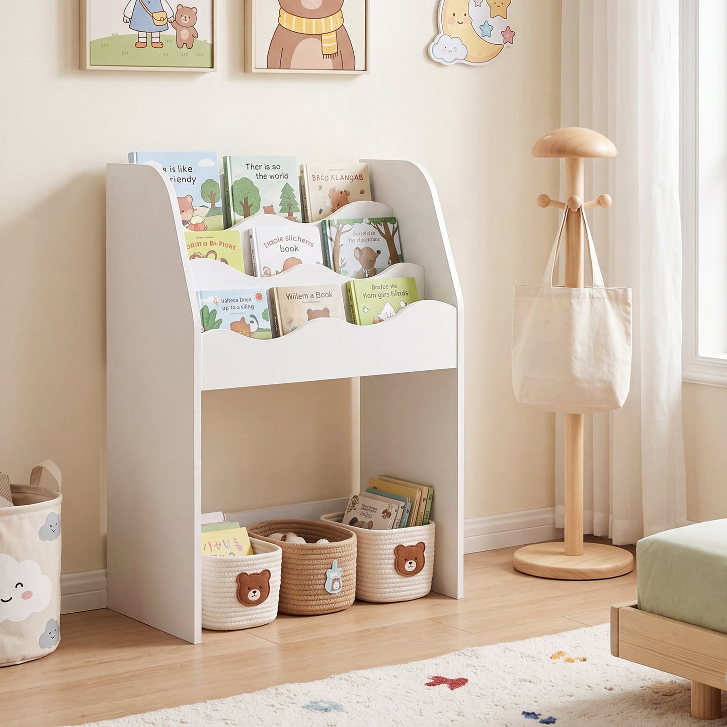 3-Tier Wooden Kids Book Shelf with Large Rolling Storage Drawer and Anti-Toppling Devices-White