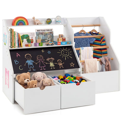 Toy Storage Organizer with Flip-up Blackboard and Movable Drawers for Playroom-White
