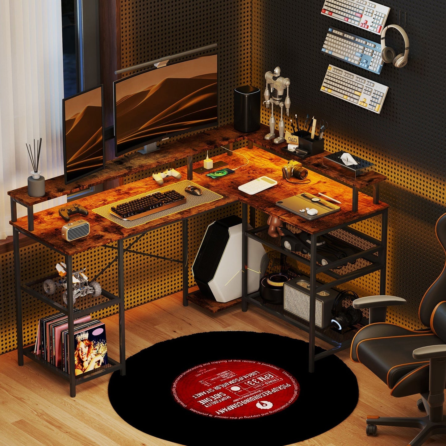 HOMCOM LED Light 'L' Computer Desk, with Shelves - Brown