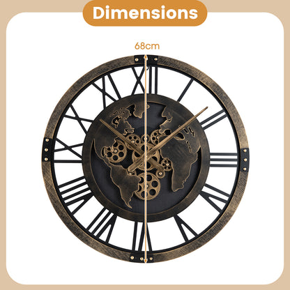 27” Large Wall Clock with World Map and Moving Gears-Brown