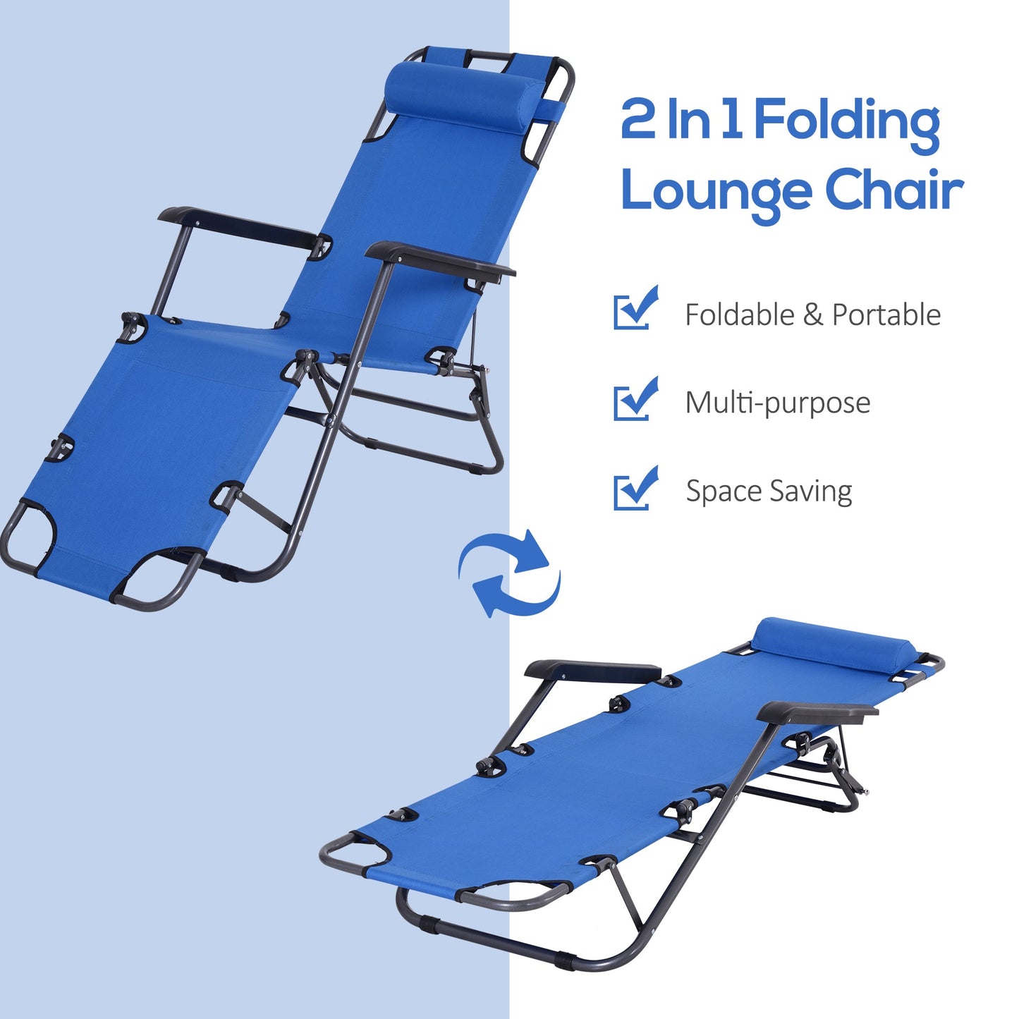 Outsunny 2 in 1 Folding Sun Lounger Reclining Garden Chair Set of 2 with 2-Level Adjustable Backrest, Outdoor Zero Gravity Recliner Garden Chairs with Head Pillow and Armrests, Blue