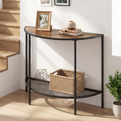 Half Moon Console Table 2-Tier Narrow Entryway Table with Storage Shelf-Rustic Brown