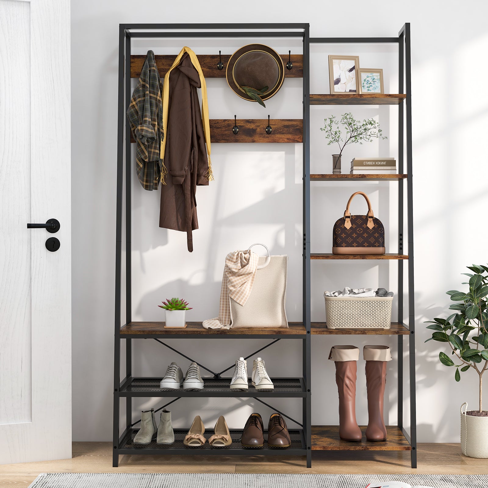 Hall Tree with Storage Bench 5-in-1 Entryway Bench with 9 Hooks-Rustic Brown