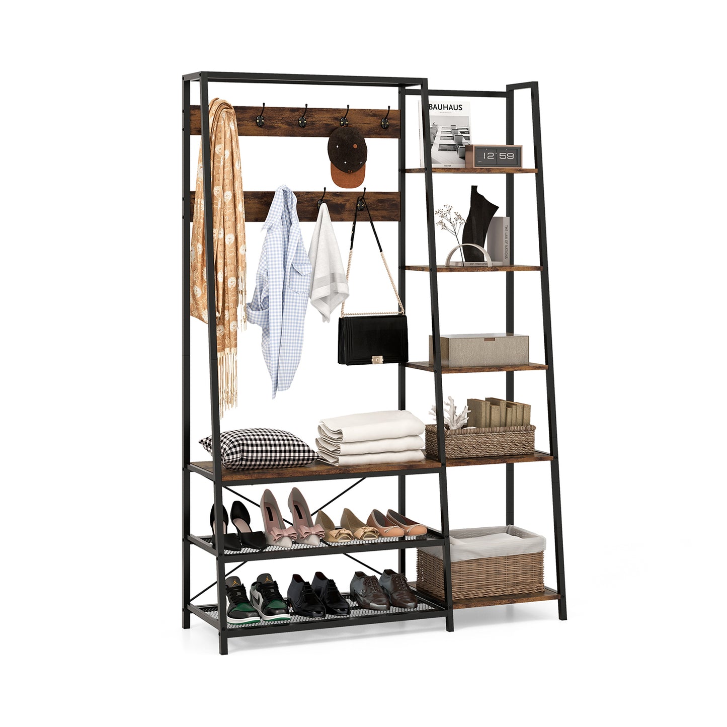 Hall Tree with Storage Bench 5-in-1 Entryway Bench with 9 Hooks-Rustic Brown