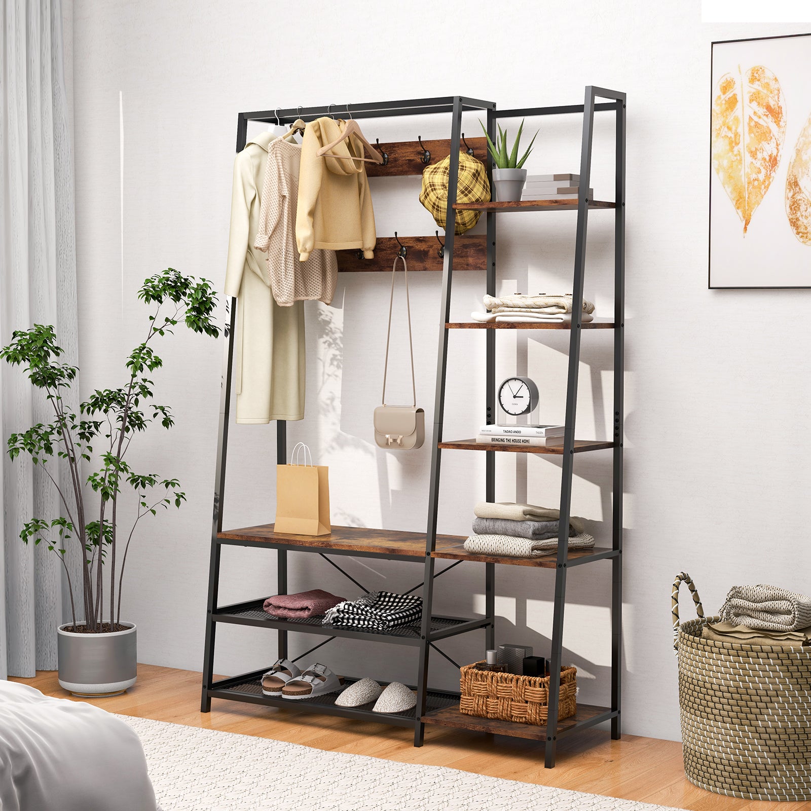 Hall Tree with Storage Bench 5-in-1 Entryway Bench with 9 Hooks-Rustic Brown