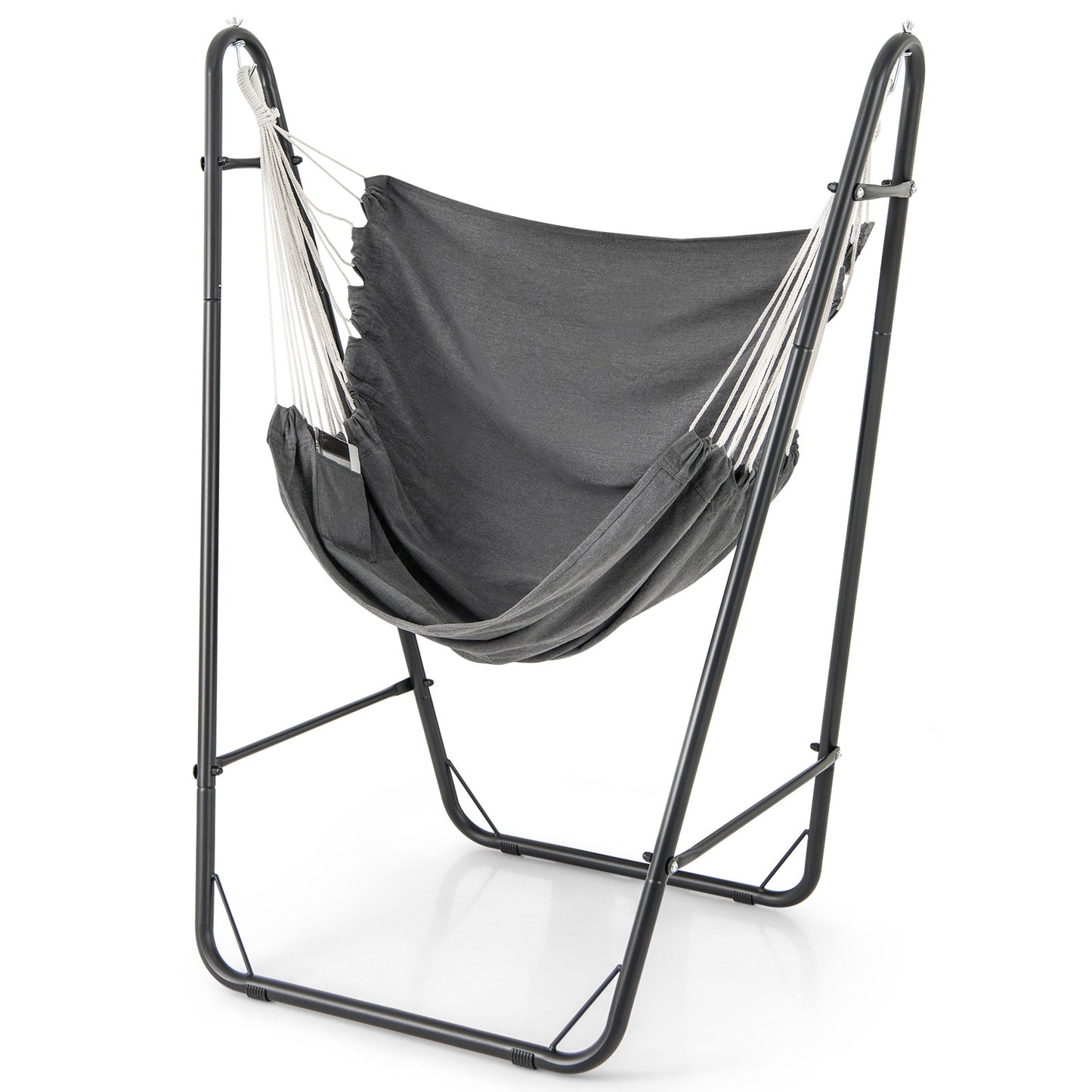 Hammock Chair with Stand and Side Pocket for Living Room Patio and Yard-Dark Grey
