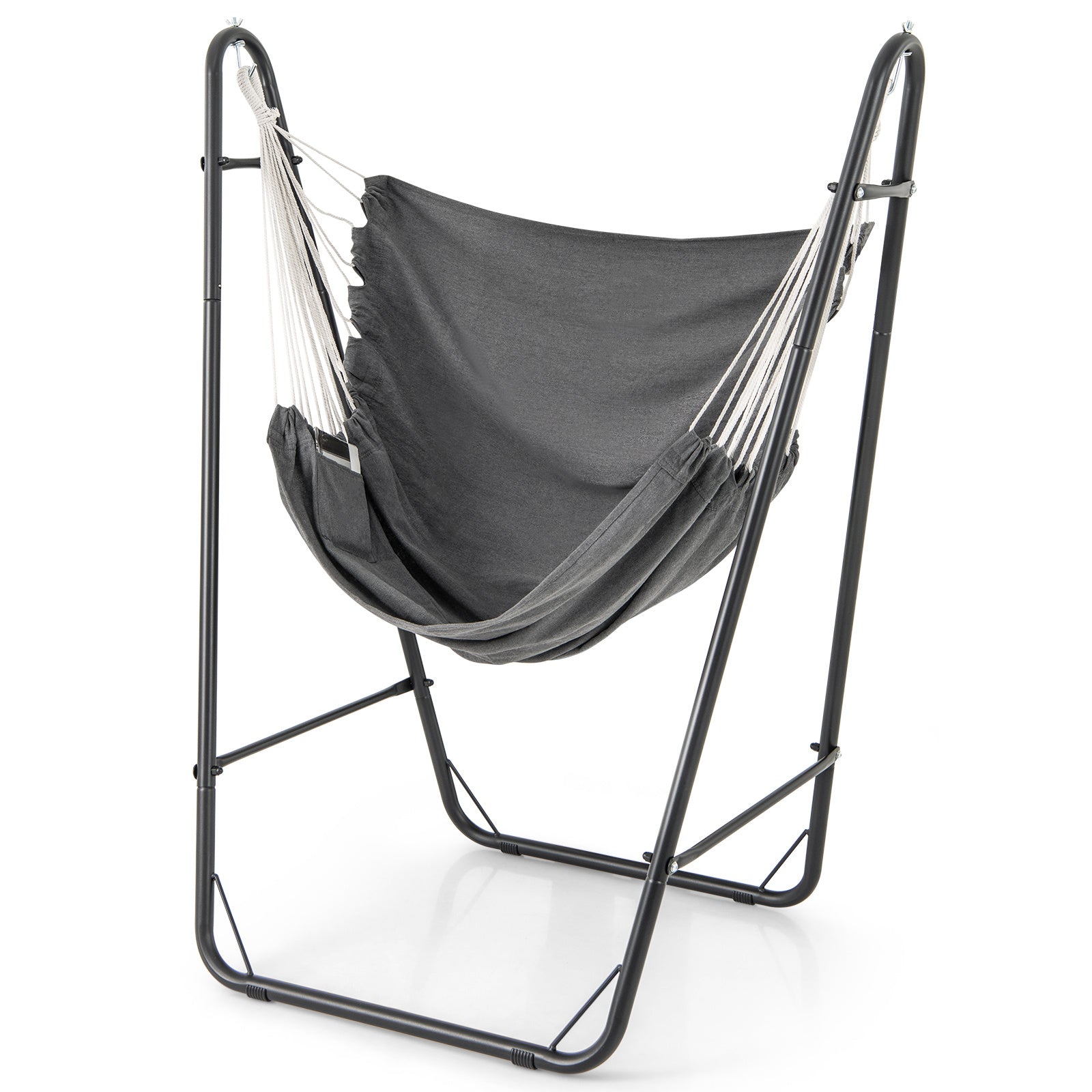 Hammock Chair with Stand and Side Pocket for Living Room Patio and Yard-Dark Grey