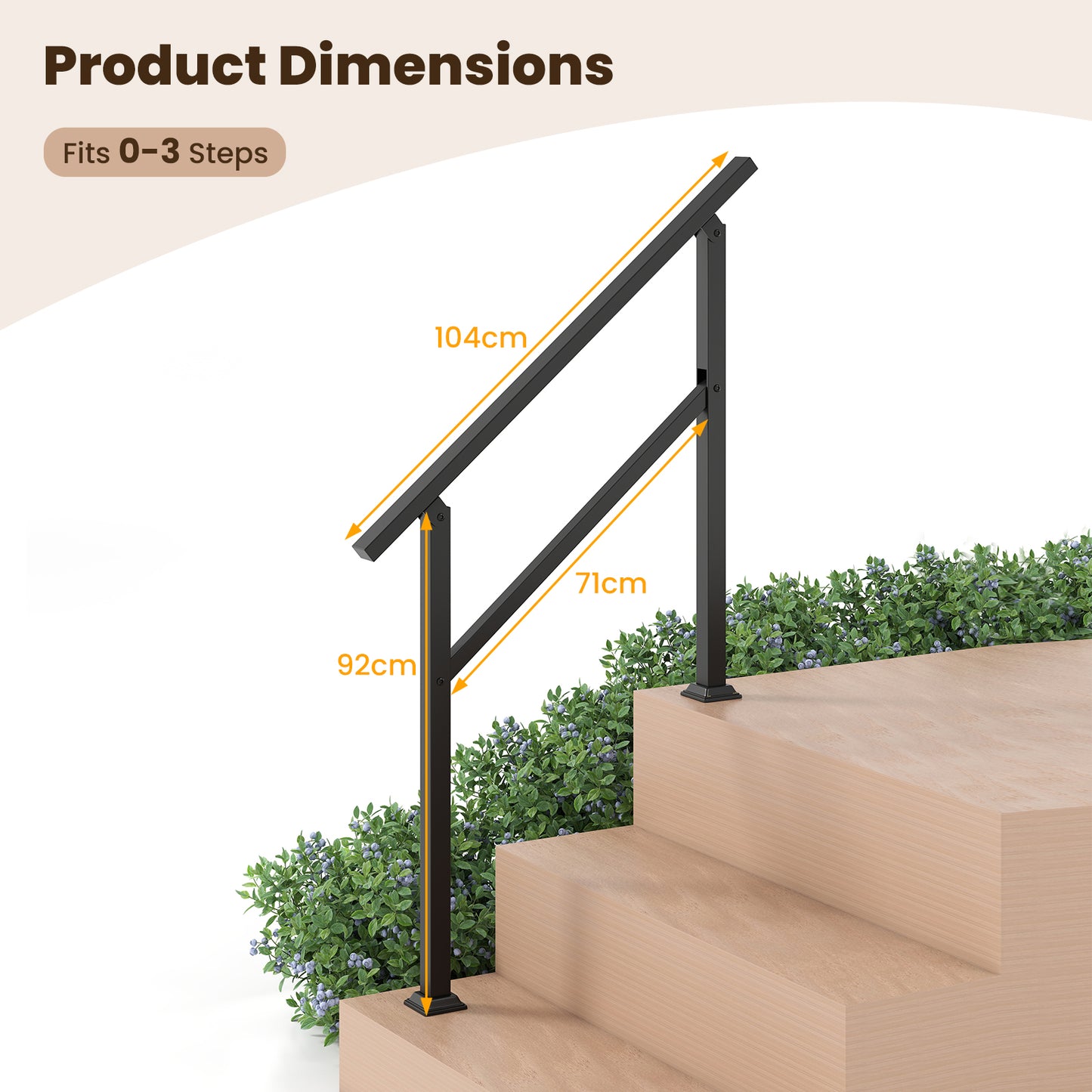 Handrail for Outdoor Steps Fits 0-2/3/4/5/6 Steps with Flexible Angle Adjustment-3 step