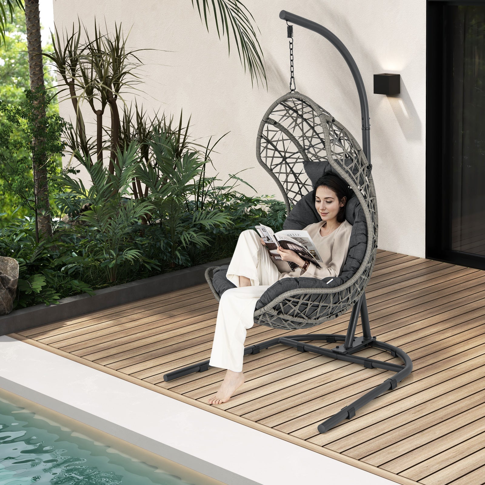 Hanging Egg Patio Wicker Chair with Stand and Cushion-Grey