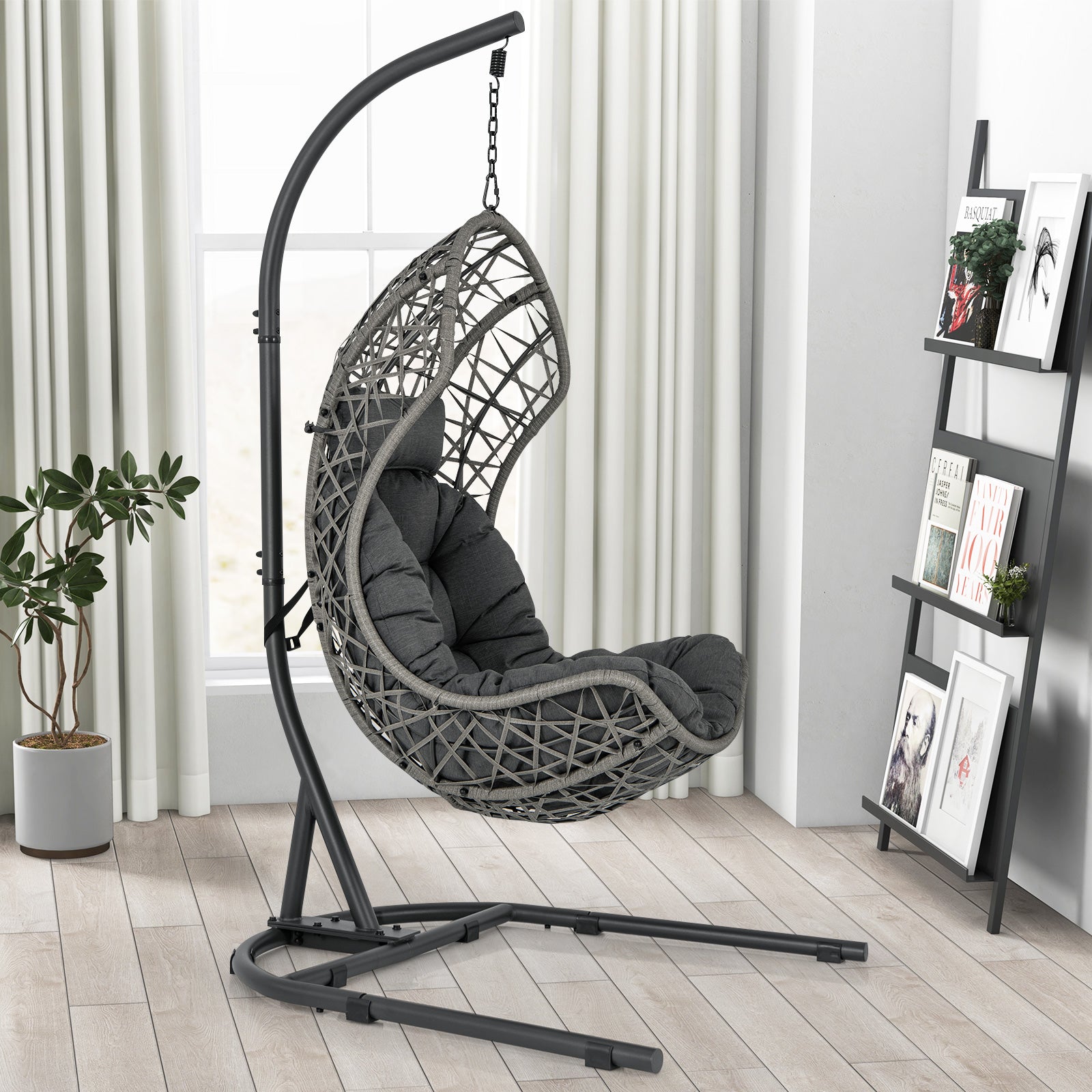 Hanging Egg Patio Wicker Chair with Stand and Cushion-Grey