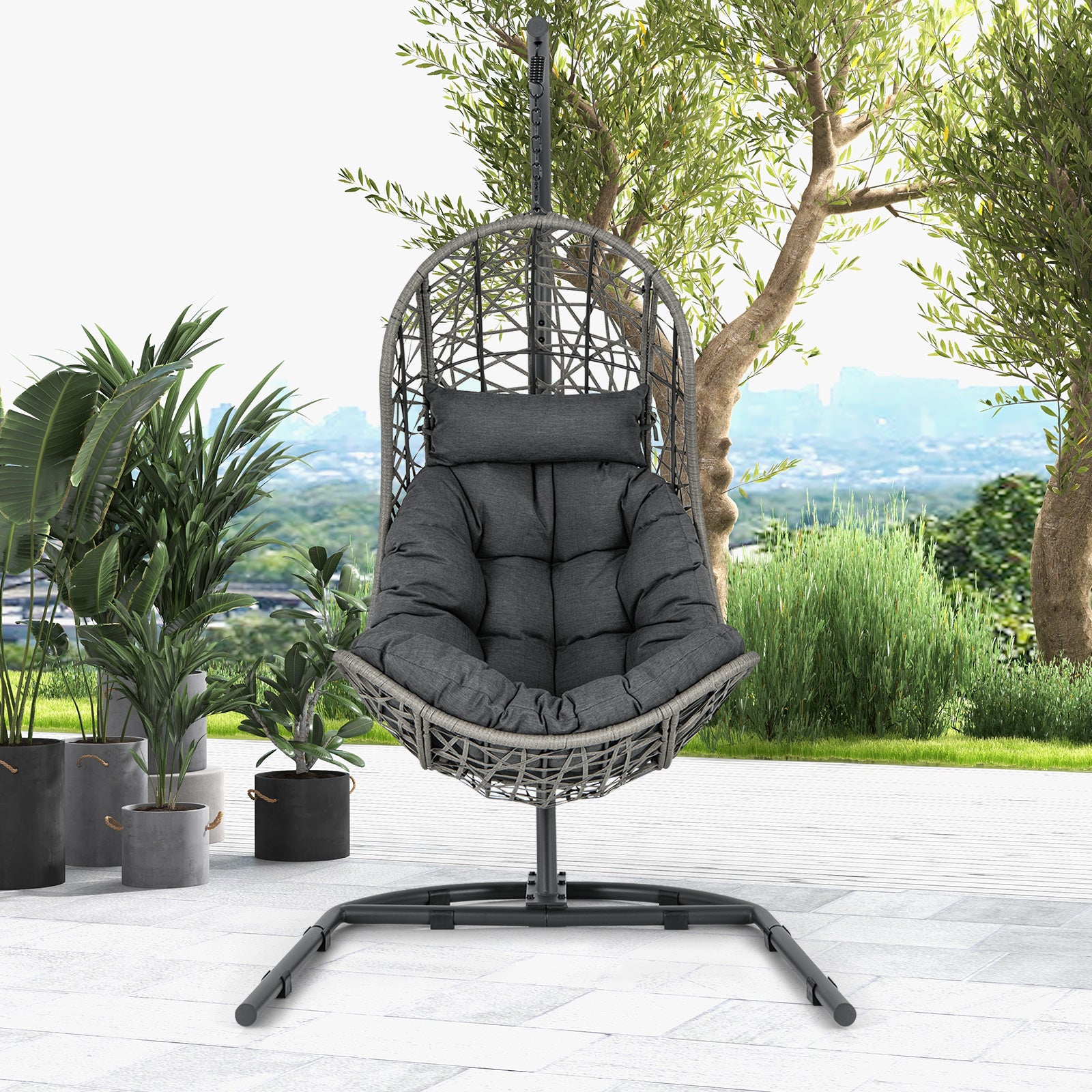 Hanging Egg Patio Wicker Chair with Stand and Cushion-Grey
