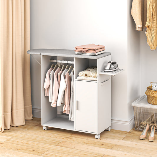 HOMCOM Rolling Ironing Board Cabinet, Foldable Ironing Station with Storage, Wheels for Home, Laundry Room, White