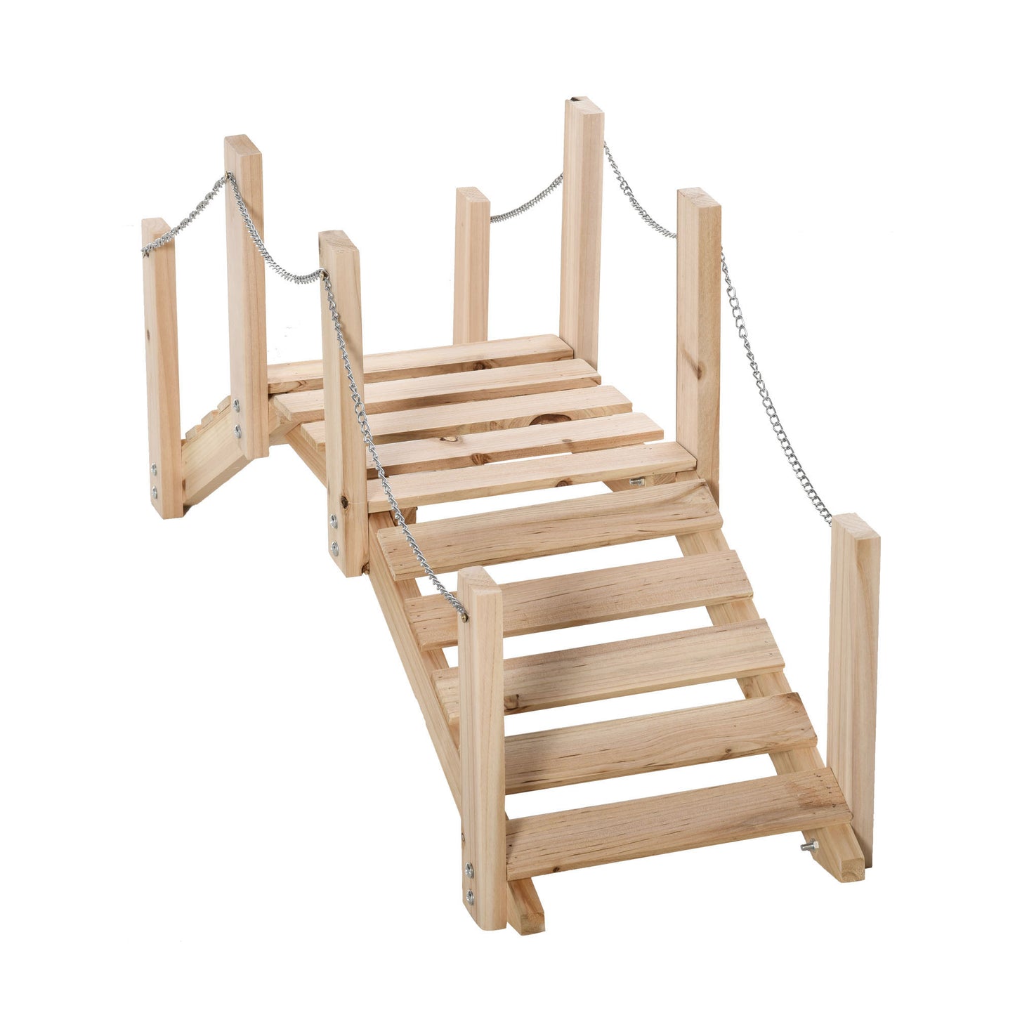 Outsunny Small Fir Wooden Garden Bridge, Arch Walkway with Metal Chain Railings for Landscape Creek Pond, Natural Wood