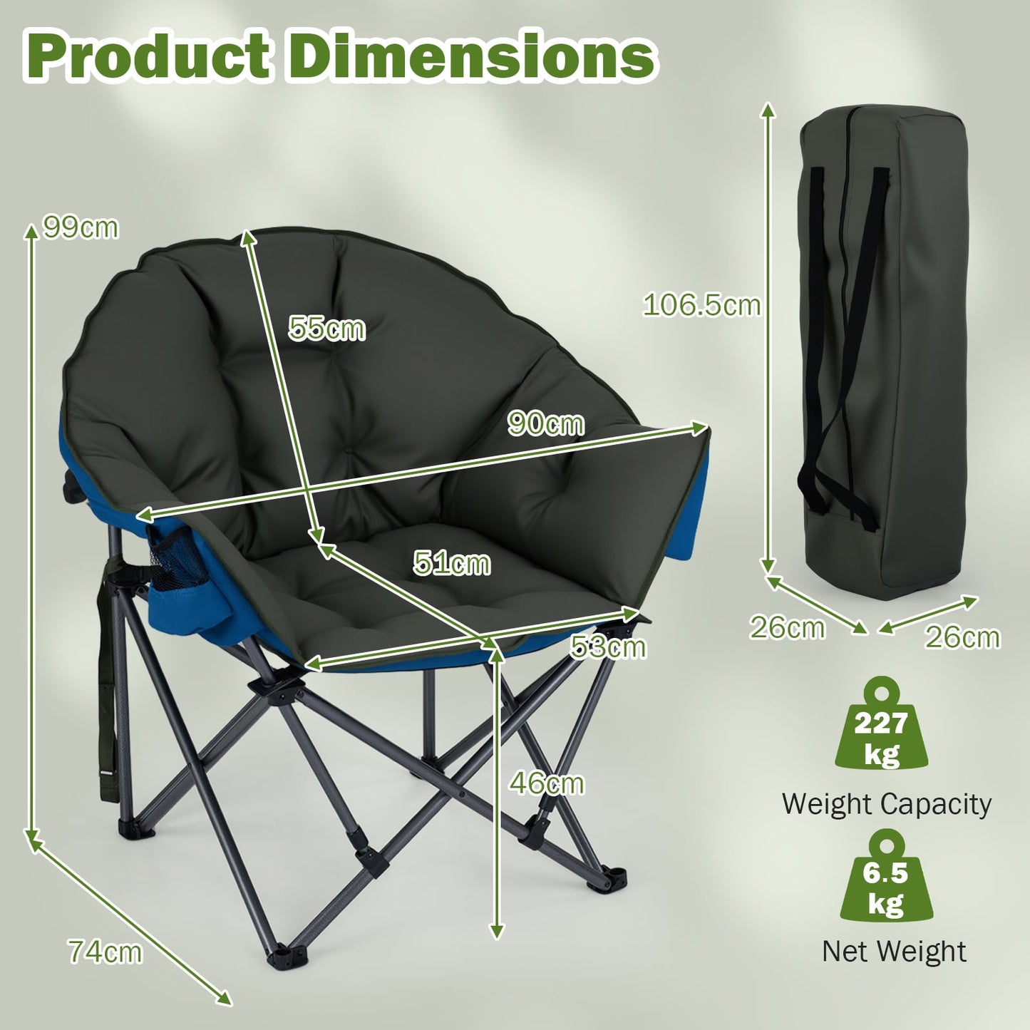 Heavy-Duty Folding Oxford Chair with Padded Seat and Cup Holder for Beach Fishing-Green
