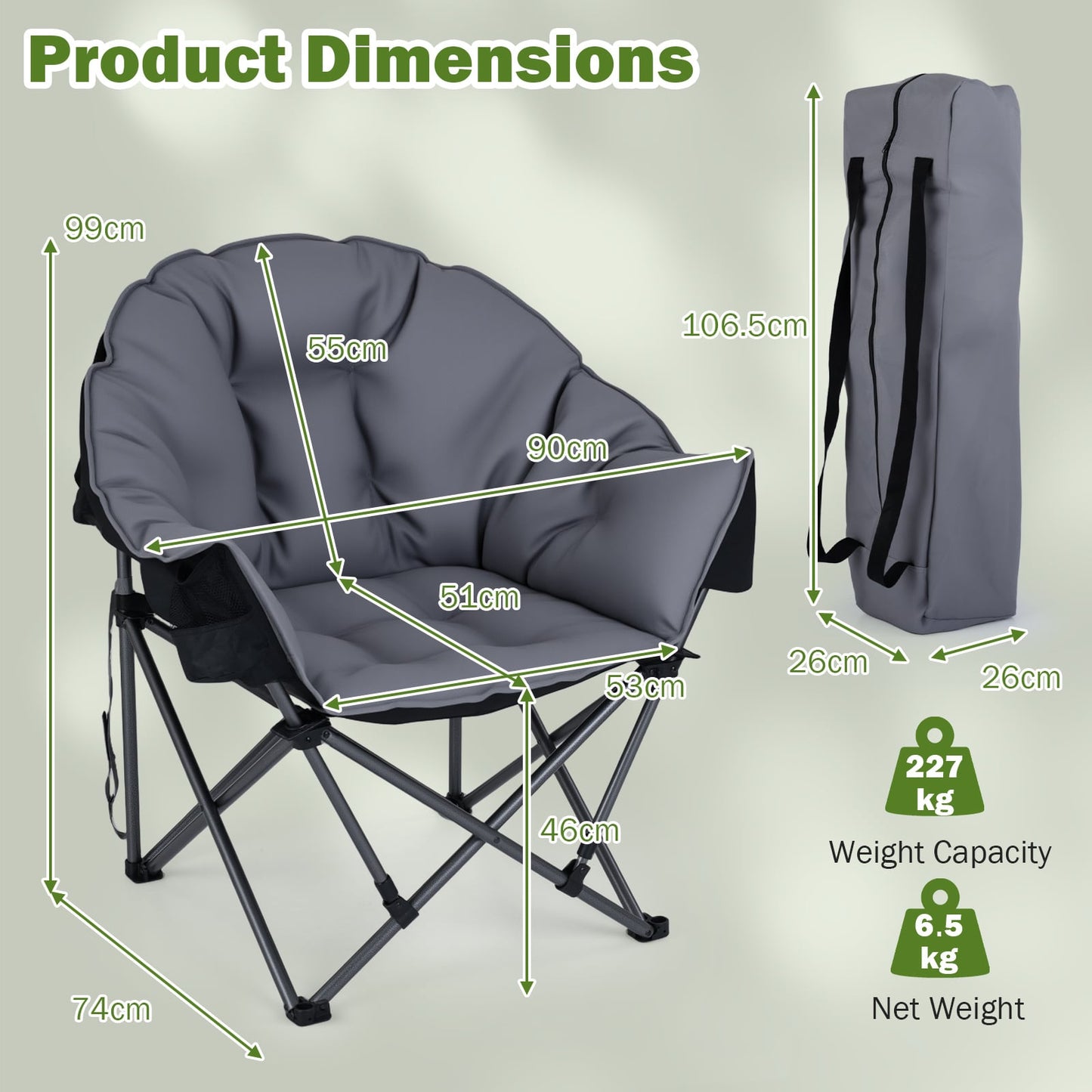 Heavy-Duty Folding Oxford Chair with Padded Seat and Cup Holder for Beach Fishing-Grey