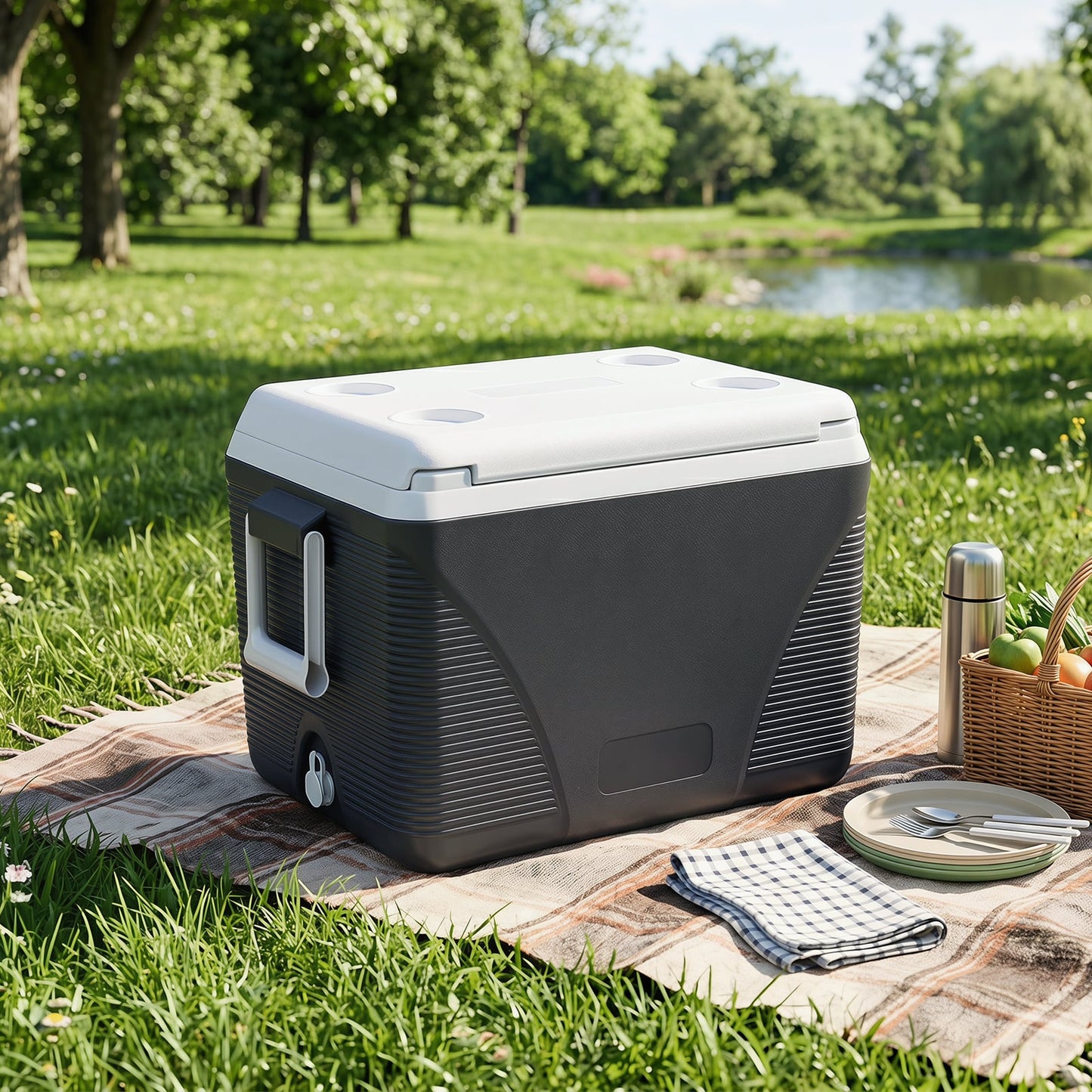 Heavy Duty Injection Molded Cooler with Cup Holders for Outdoor Use-Black