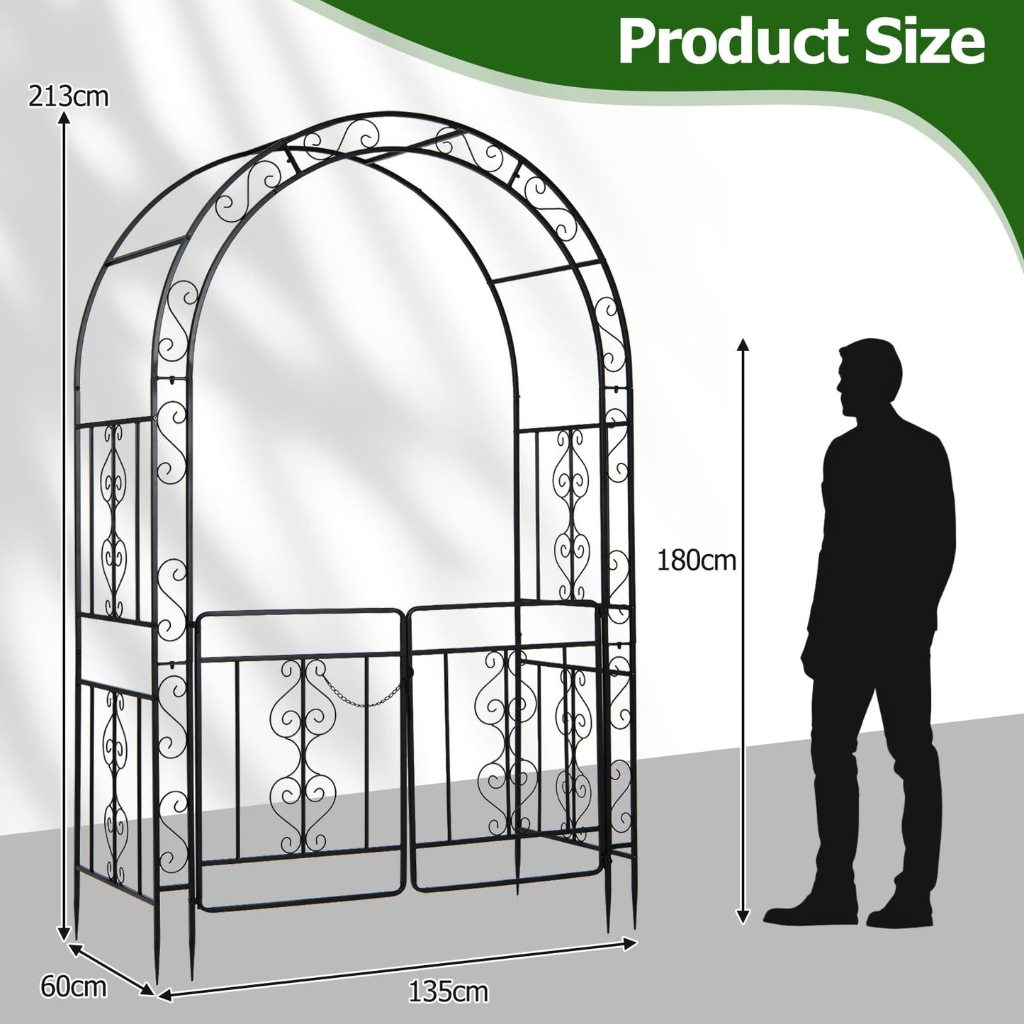 Heavy Duty Metal Garden Arch with Arched Top and Lockable Doors