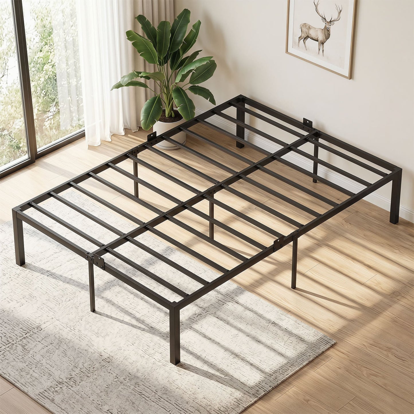 Heavy-Duty Platform Bed with Mattress Slide Stoppers and Under-bed Storage-Black
