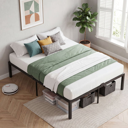 Heavy-Duty Platform Bed with Mattress Slide Stoppers and Under-bed Storage-Black