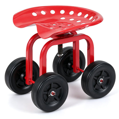 Heavy-Duty Rolling Garden Cart with Height Adjustable and Swivel Seat-Red