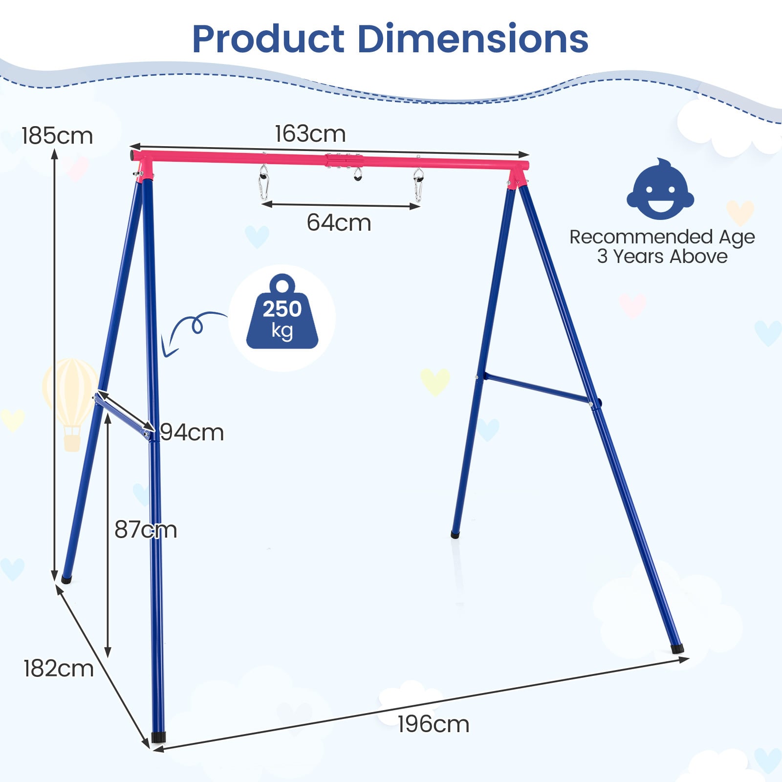 Heavy Duty Steel Swing Frame 1.8M Large A-Frame Swing Stand with Ground Stakes-Red