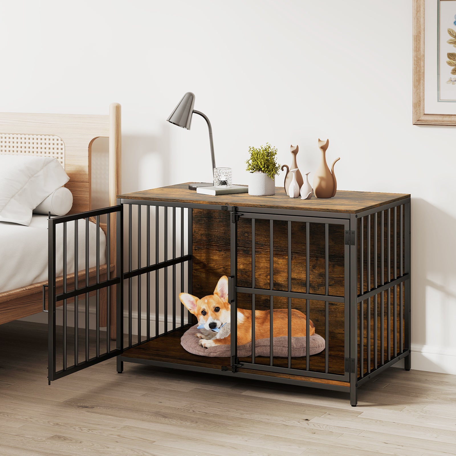 Heavy-duty Dog Crate Furniture with Dual Lockable Double Doors-Rustic Brown