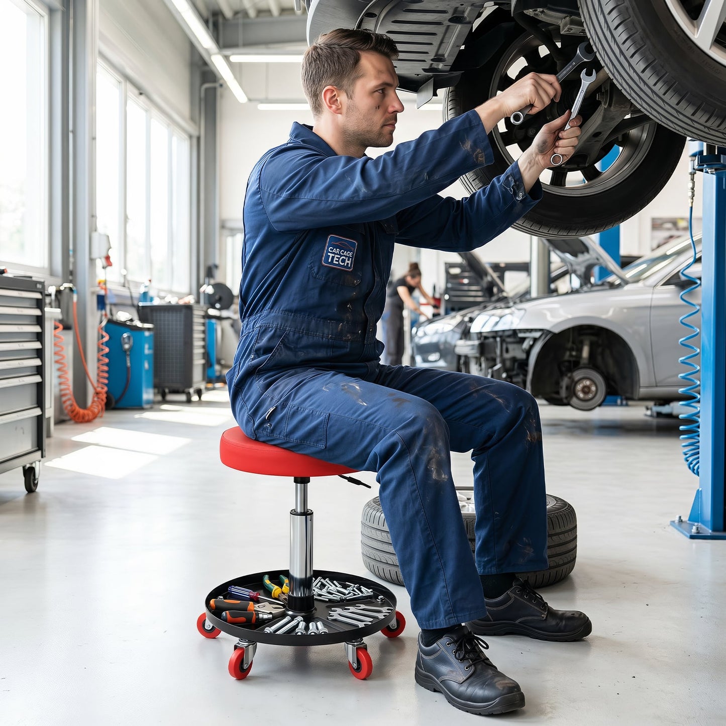 Height Adjustable Mechanic Stool with Wheels and Storage for Garage-Red