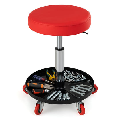 Height Adjustable Mechanic Stool with Wheels and Storage for Garage-Red
