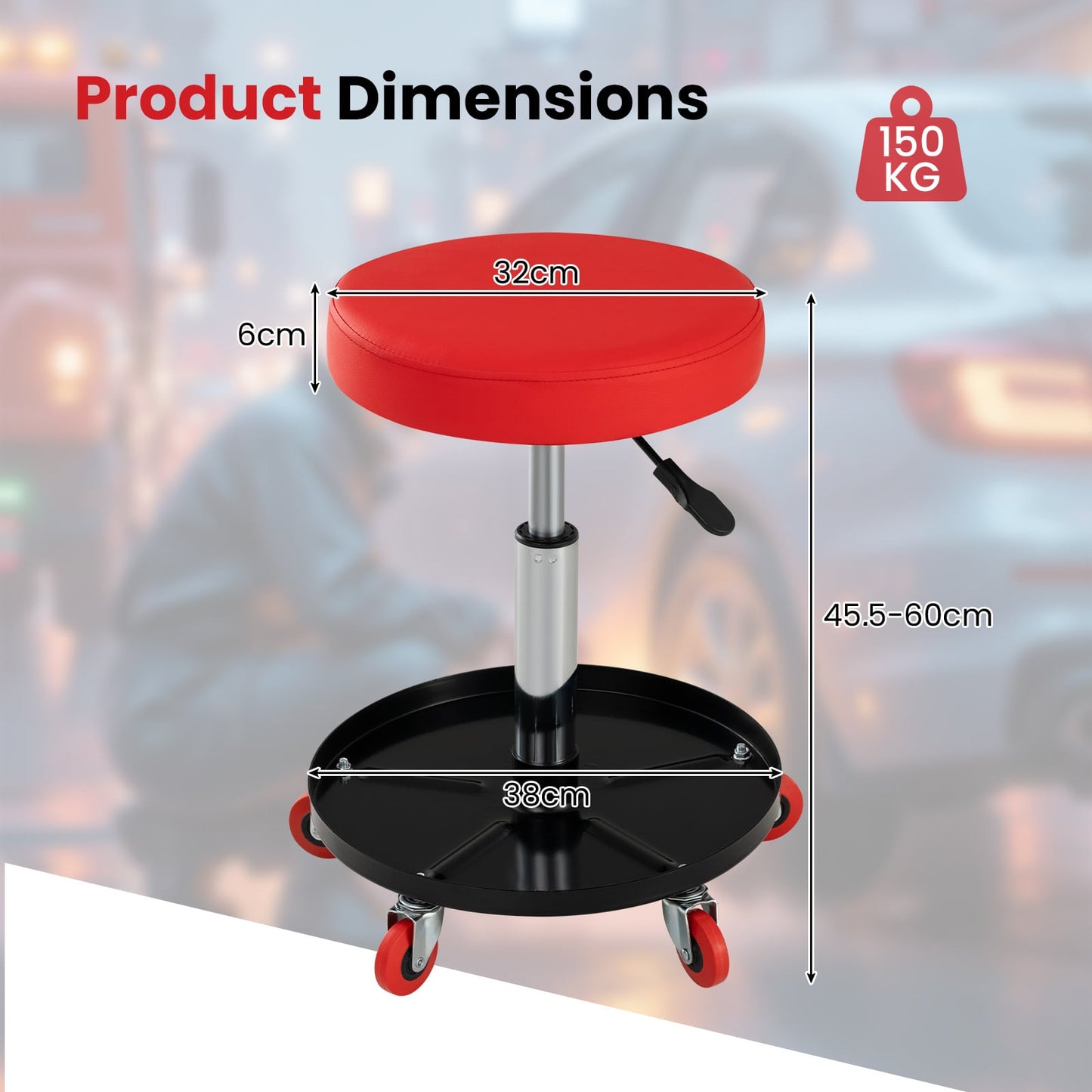 Height Adjustable Mechanic Stool with Wheels and Storage for Garage-Red