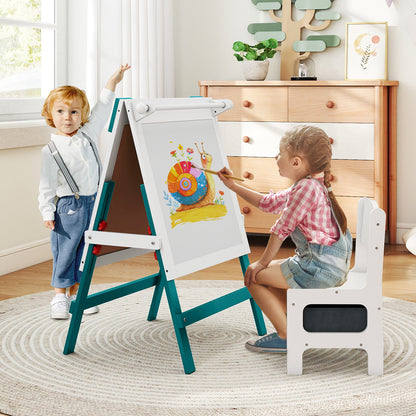 Height-adjustable Painting Easel with Chalkboard and Paper Holder-Green & White