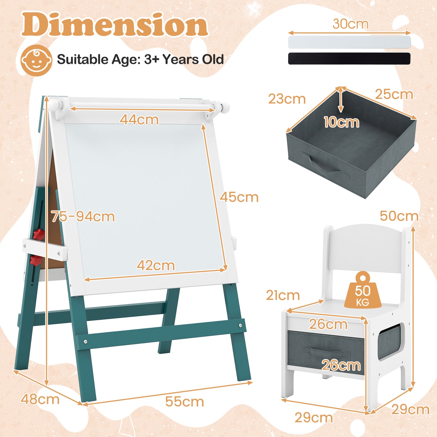 Height-adjustable Painting Easel with Chalkboard and Paper Holder-Green & White