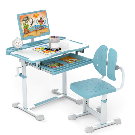 Height-Adjustable Kid's Study Desk and Chair Set with Tilt Desktop and Footrest Bar-Blue