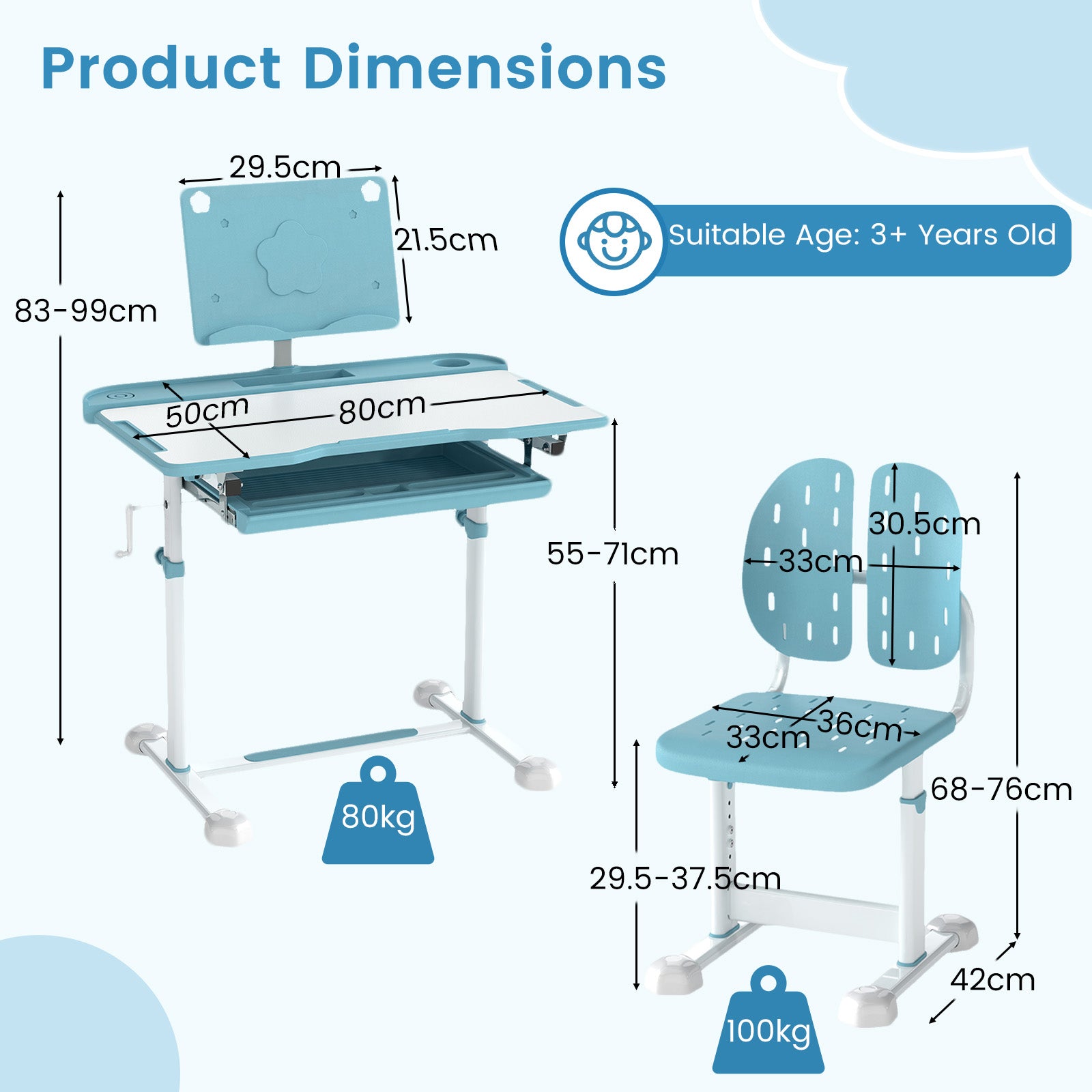 Height-Adjustable Kid's Study Desk and Chair Set with Tilt Desktop and Footrest Bar-Blue