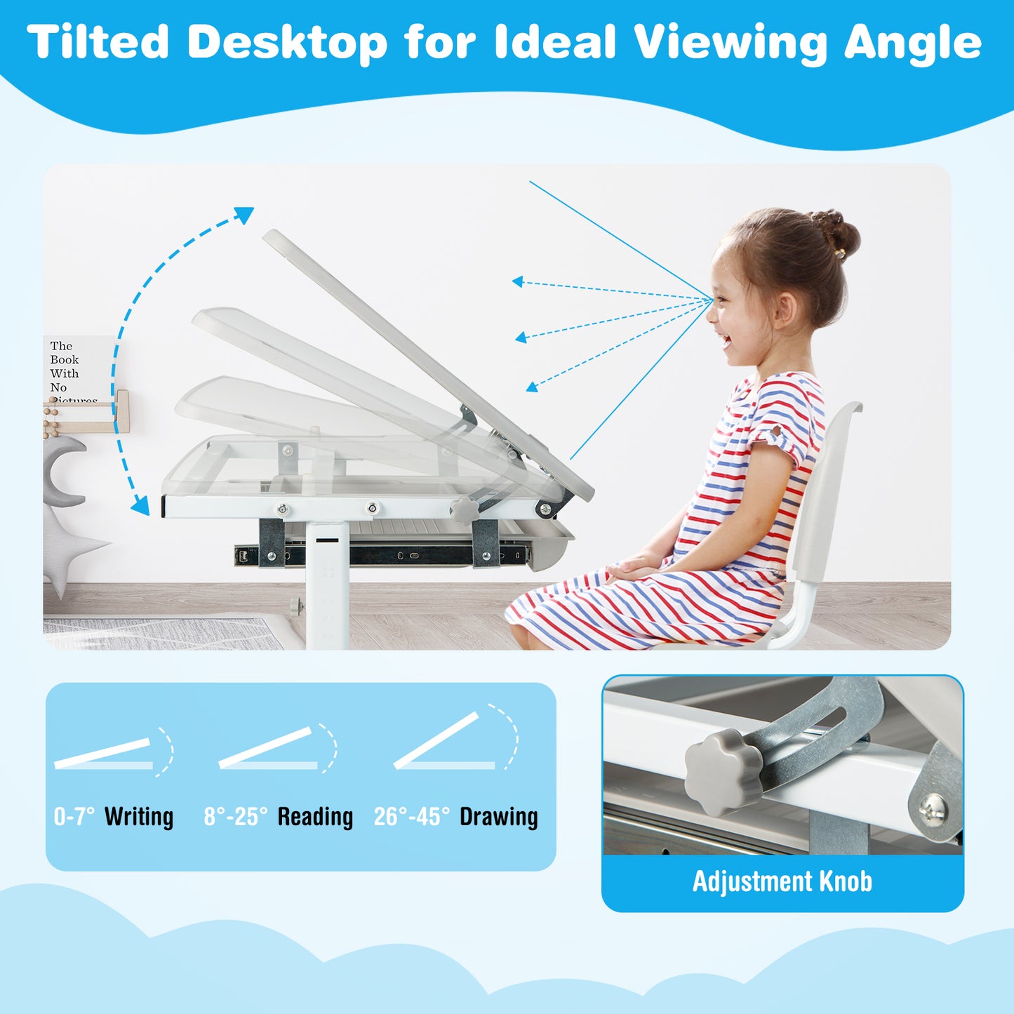Height Adjustable Kids Study Table and Chair Set with Tilting Tabletop-Grey