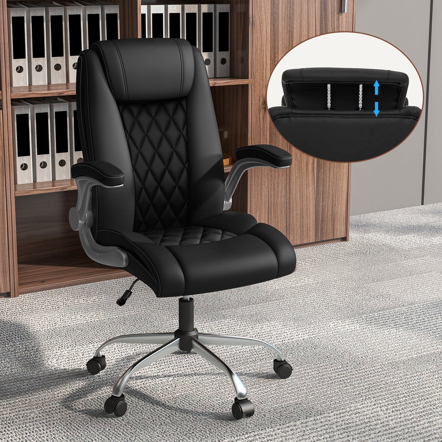 Height Adjustable PU Leather Office Chair with 6-level Headrest-Black