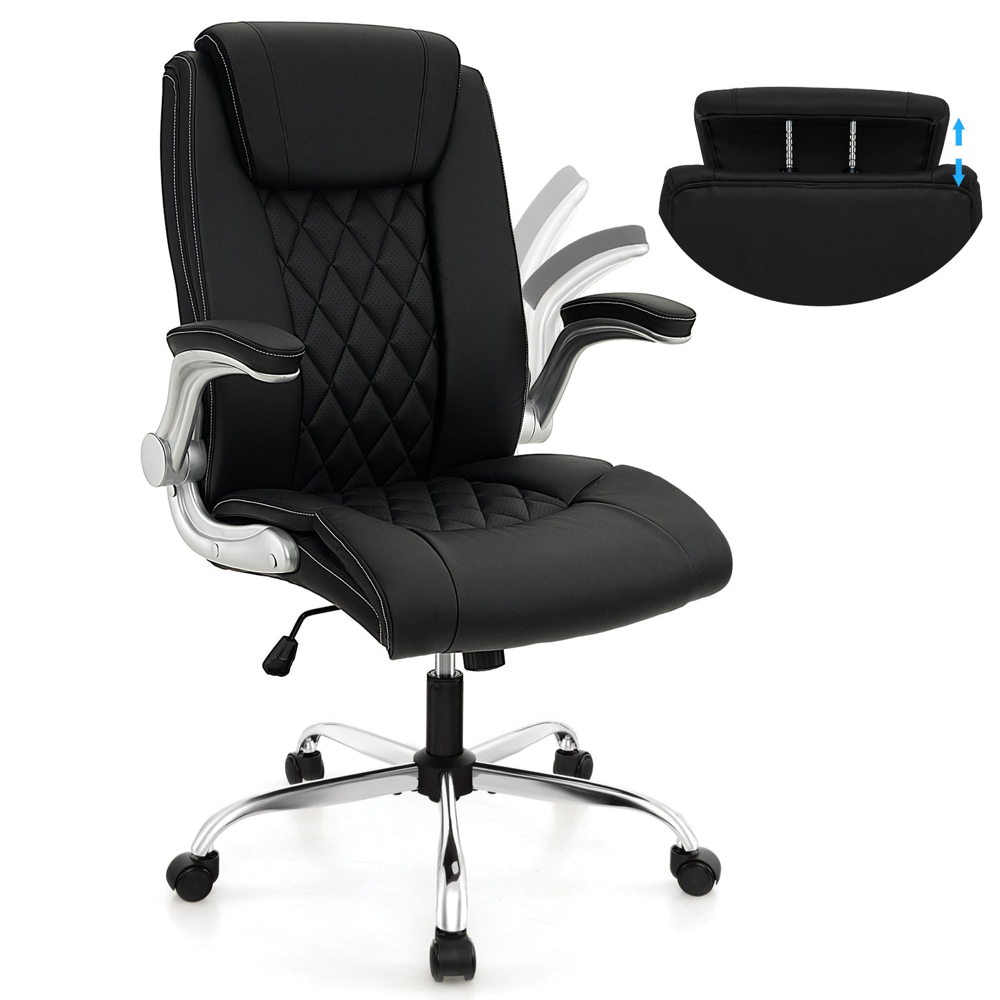 Height Adjustable PU Leather Office Chair with 6-level Headrest-Black
