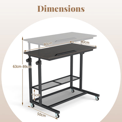 Mobile Stand up Height Adjustable Sit Stand Desk with Tilting Tabletop-Oak