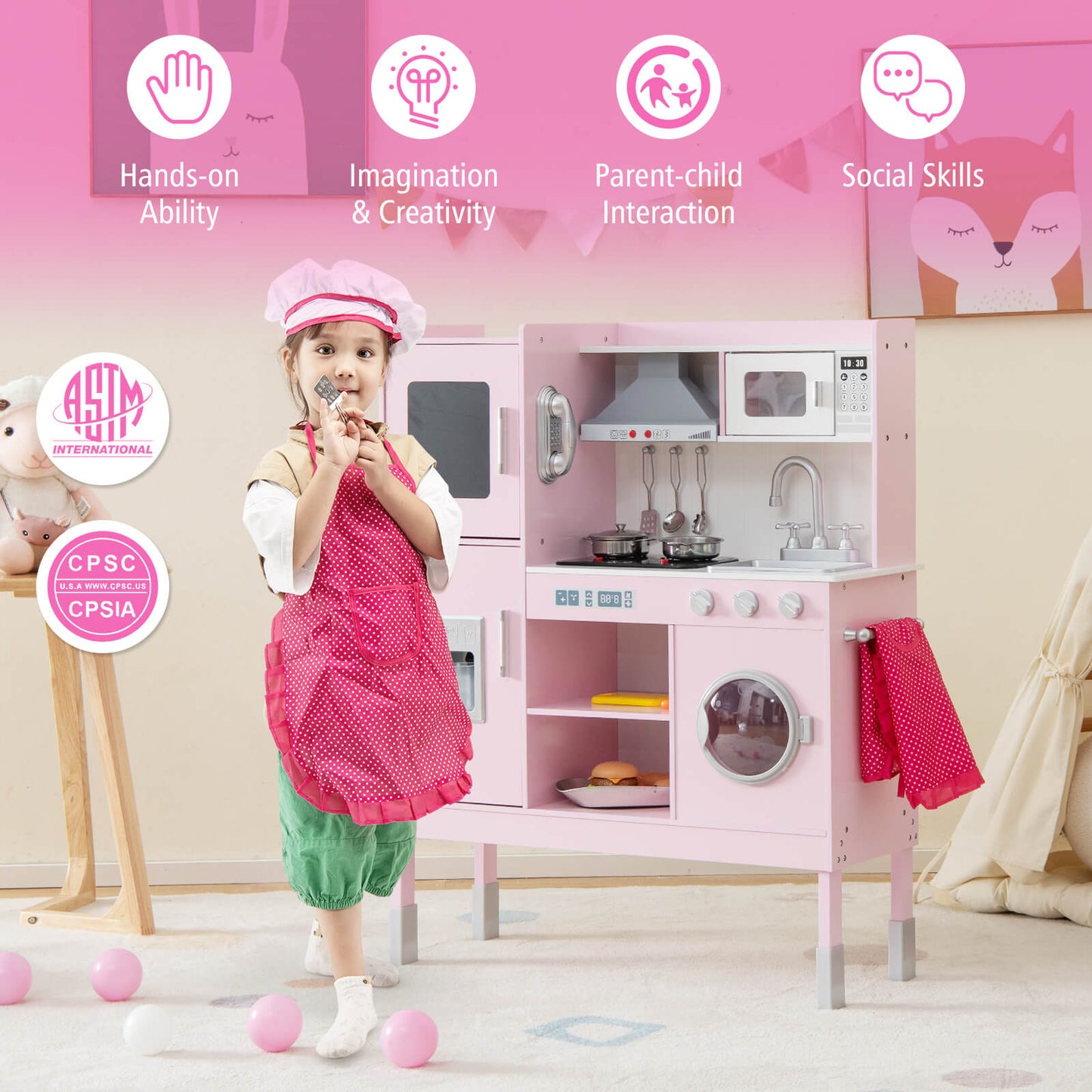 Height Adjustable Wooden Kid Play Kitchen Set with Light-Pink