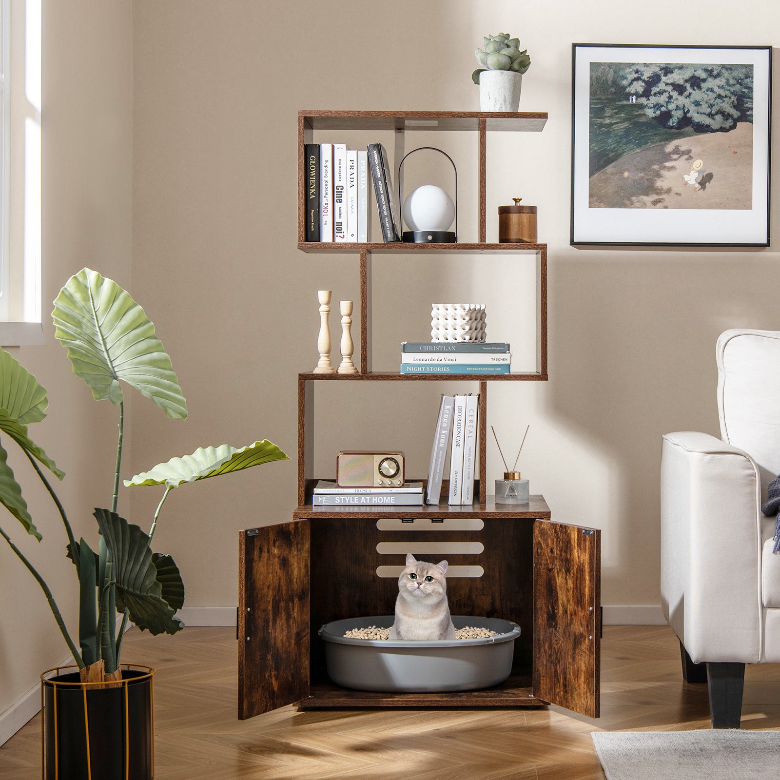 2-in-1 Hidden Cat Litter Box Enclosure with 3 Open Shelves-Rustic Brown